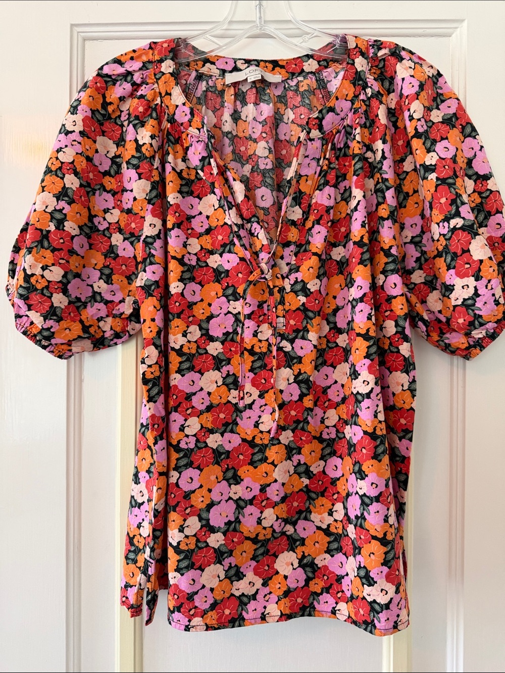 LOFT Floral Puff-Sleeve V-Neck Top in Black with Pink, Orange & Red Flowers
